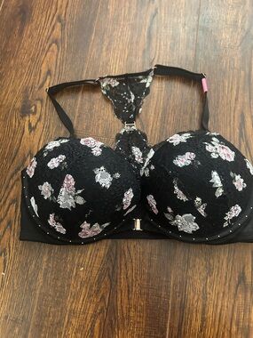 Victoria's Secret Black Lace Bra with Pink & White Floral Accents 34D NWT